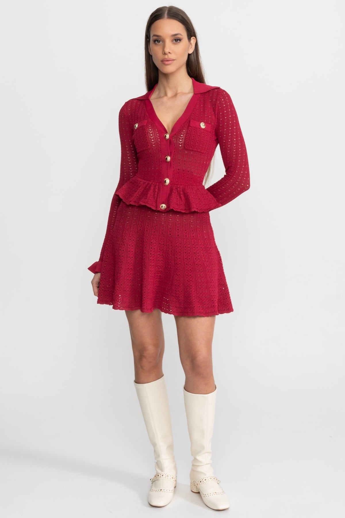 Pointelle Knit Long Sleeve Peplum Mini Dress with Gold Buttons – Dark Red