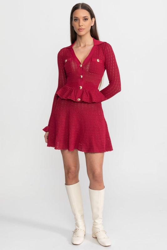 Pointelle Knit Long Sleeve Peplum Mini Dress with Gold Buttons – Dark Red