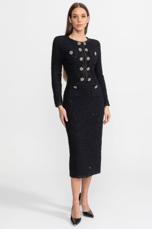 Long Sleeve Tweed Midi Dress with Crystal Buttons – Black