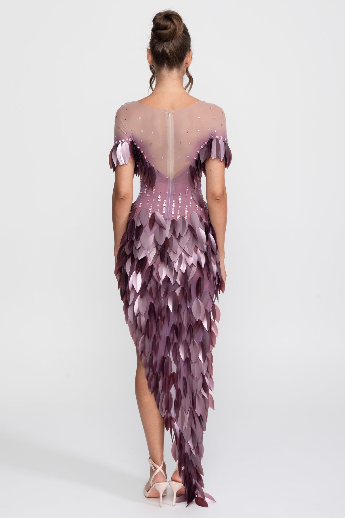 3D Petal Appliqué Beaded Short Sleeve Dress with Thigh Split – Purple