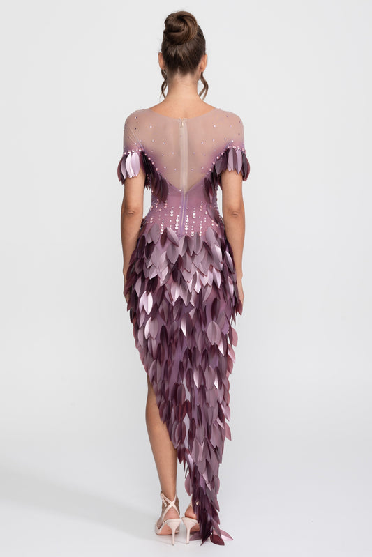 3D Petal Appliqué Beaded Short Sleeve Dress with Thigh Split – Purple