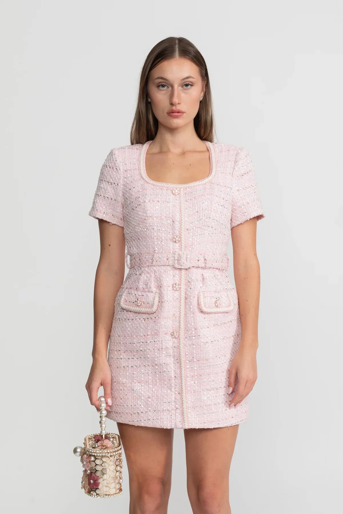 Tweed Square Neck Short Sleeve Mini Dress with Matching Belt – Blush Pink