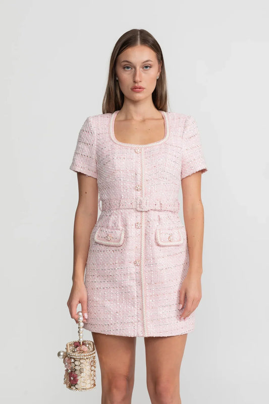 Tweed Square Neck Short Sleeve Mini Dress with Matching Belt – Blush Pink