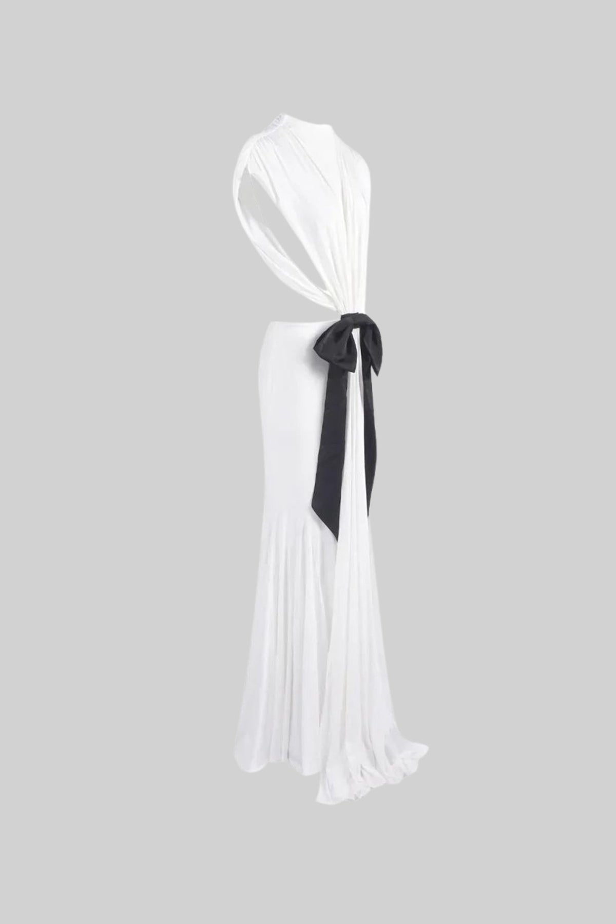 High Neck Open Back Draped Maxi Gown with Contrast Bow – White – view 3
