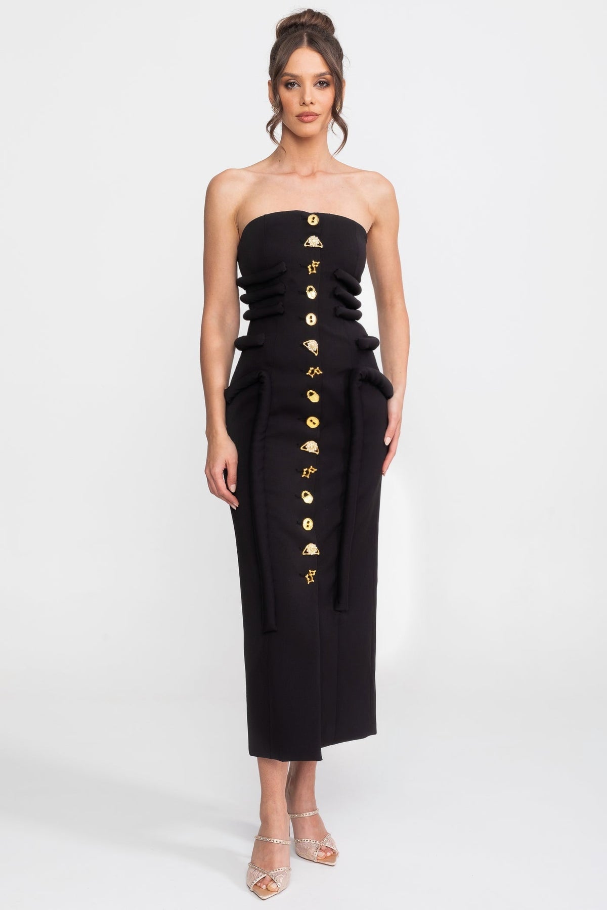 Strapless Midi Dress with Sculptural Knotted Bodice and Jewel Buttons – Black
