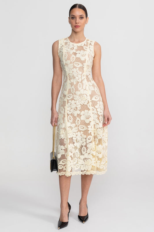 Lace Sleeveless A-Line Midi Dress with Round Neck and Scalloped Hem – Yellow