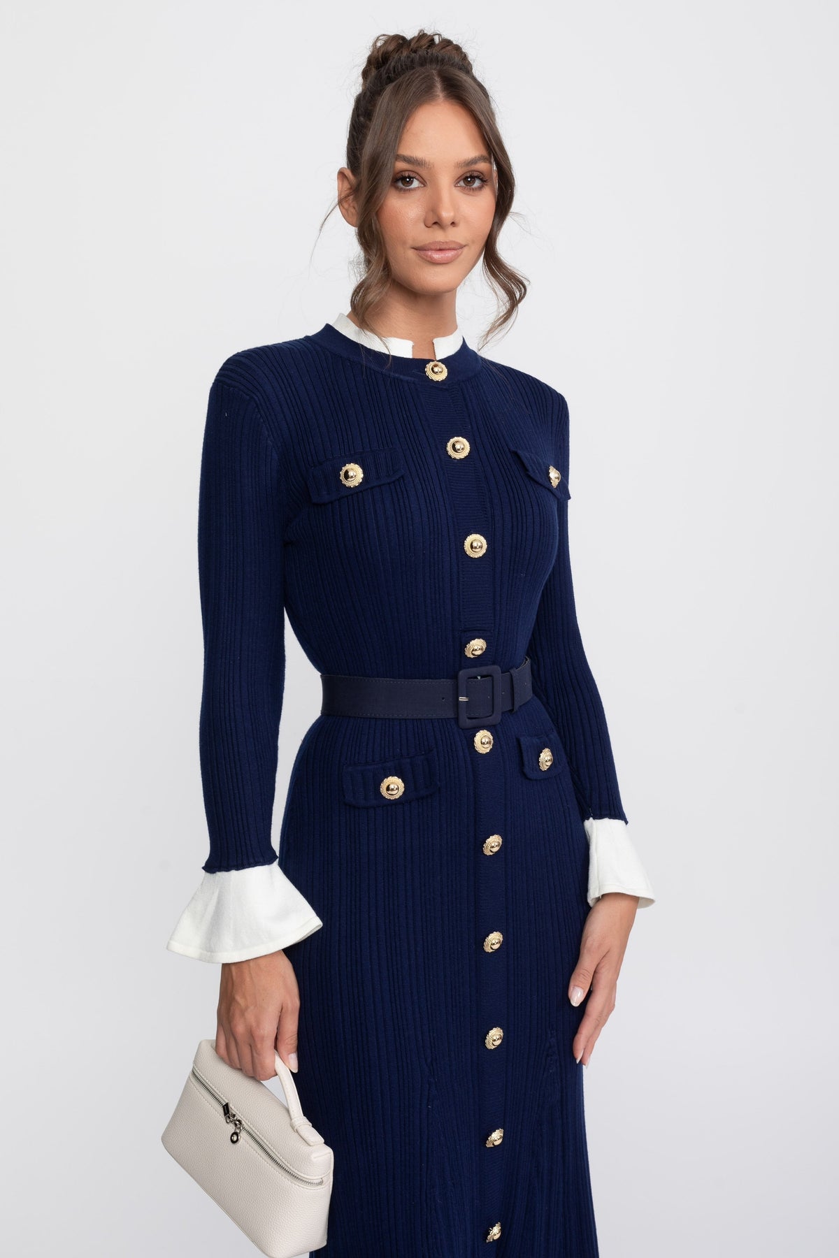 Fine Rib Knit Belted Midi Dress with Ivory Collar and Flared Cuffs – Navy – view 3