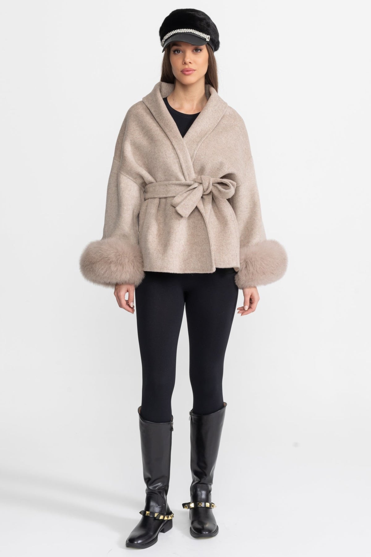 Wool Blend Wrap Jacket with Plush Cuffs – Beige – view 2