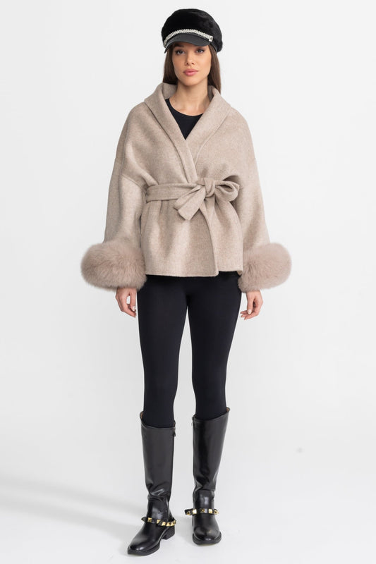 Wool Blend Wrap Jacket with Plush Cuffs – Beige – view 2