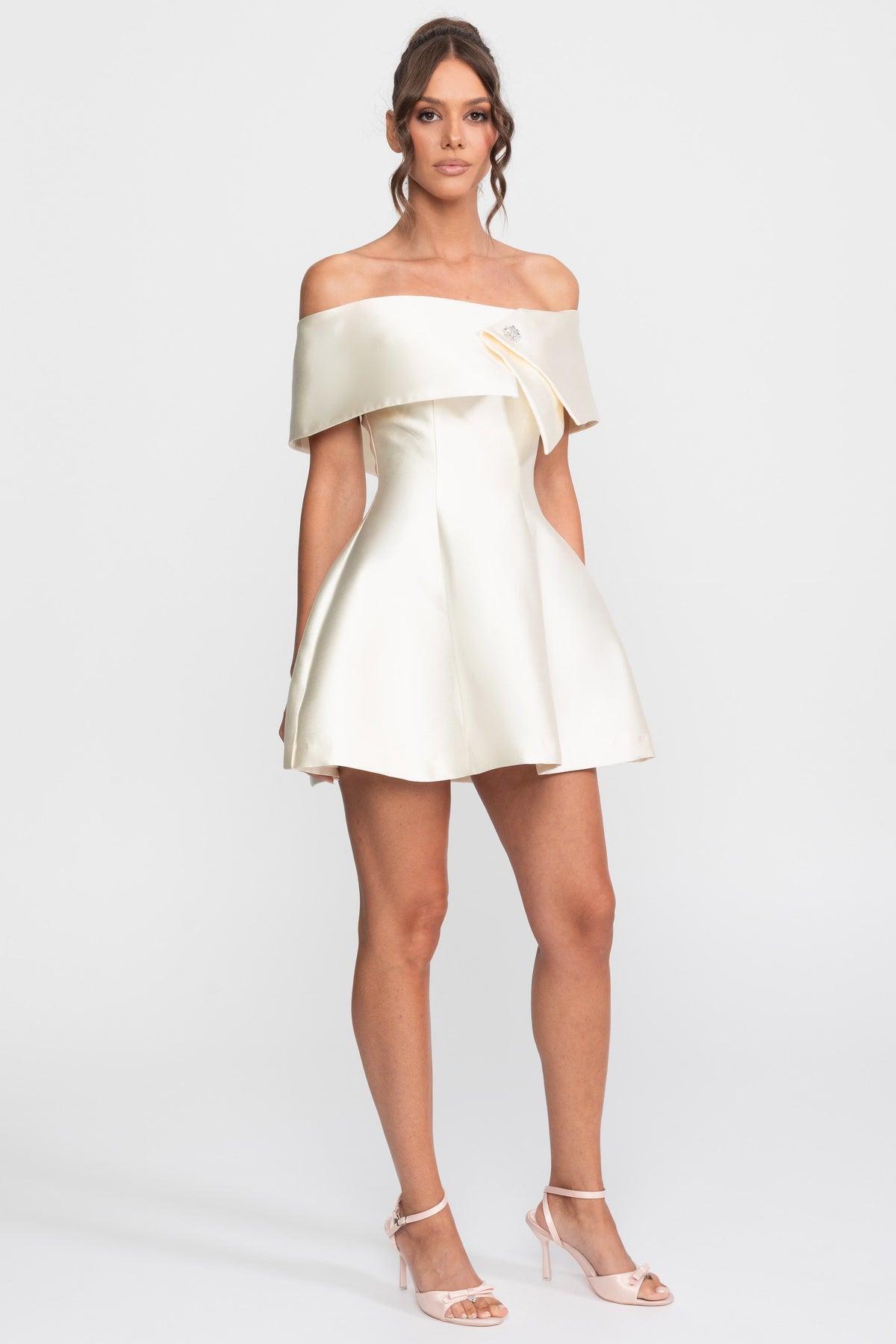 Off-Shoulder Satin Fit and Flare Mini Dress with Crystal Brooch – Ivory – view 3