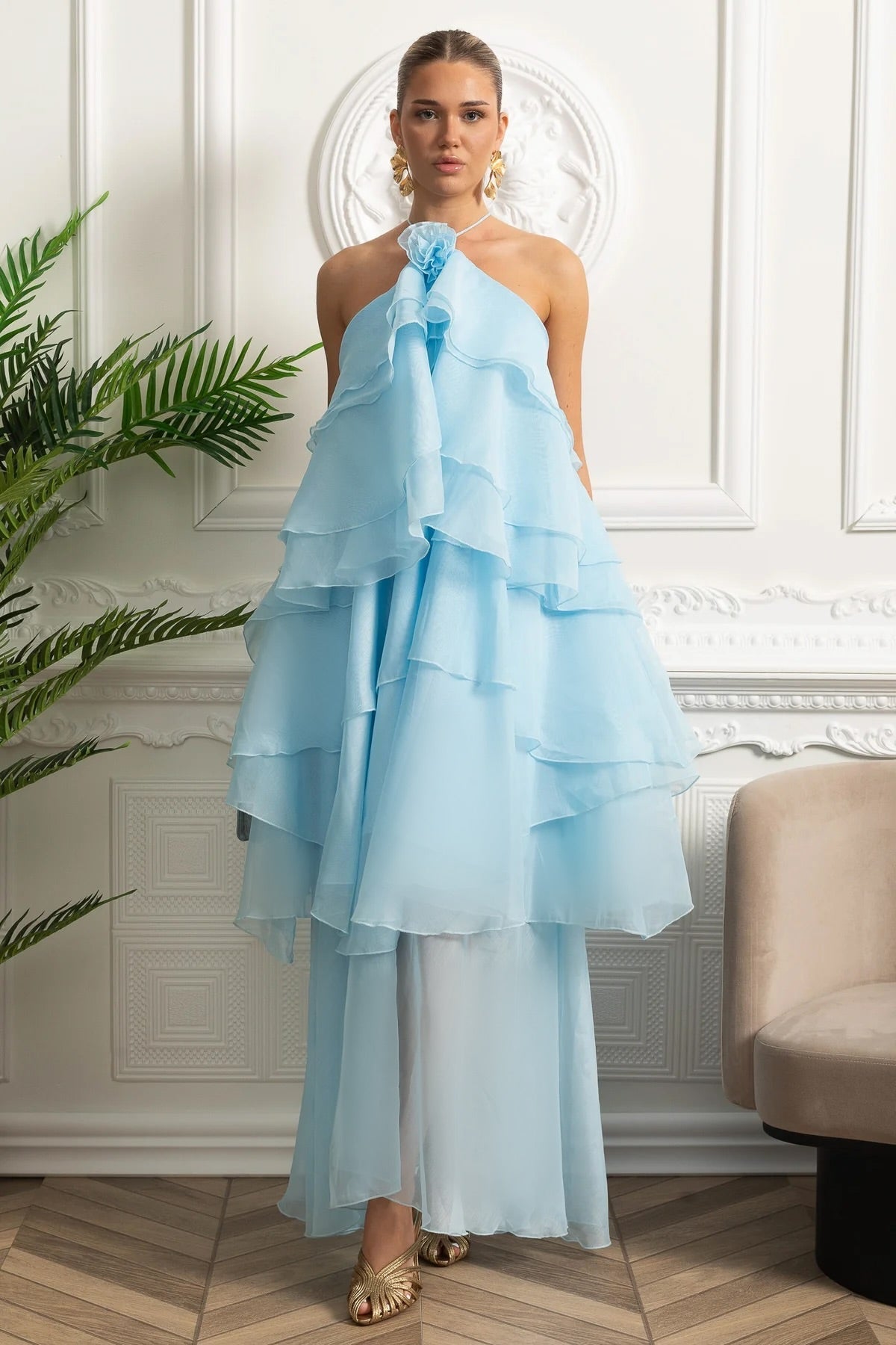 Halter Rosette Neck Tiered Ruffle High-Low Maxi Dress – Sky Blue – view 3