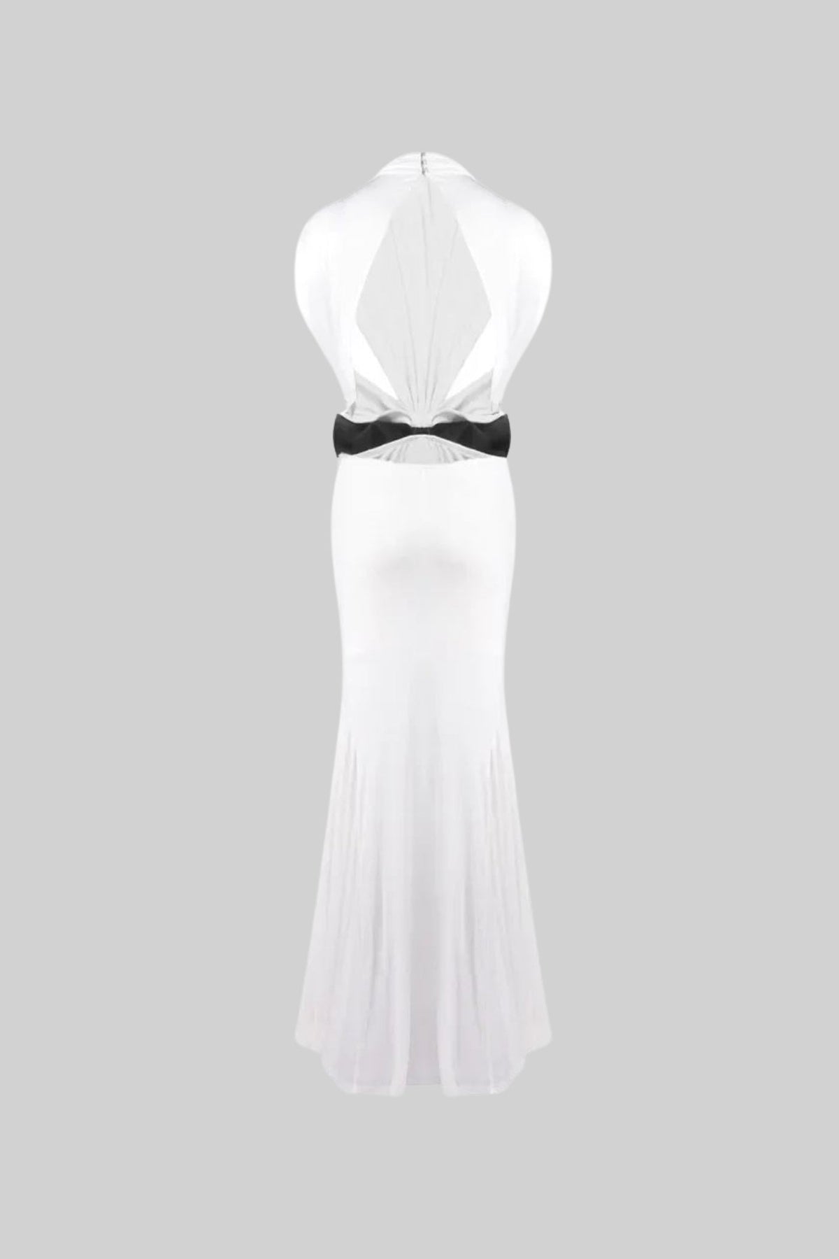 High Neck Open Back Draped Maxi Gown with Contrast Bow – White – view 4