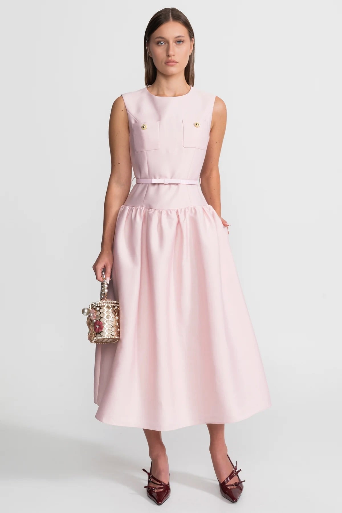 Satin Sleeveless Midi Dress with Belted Waist and Flap Pockets – Blush Pink