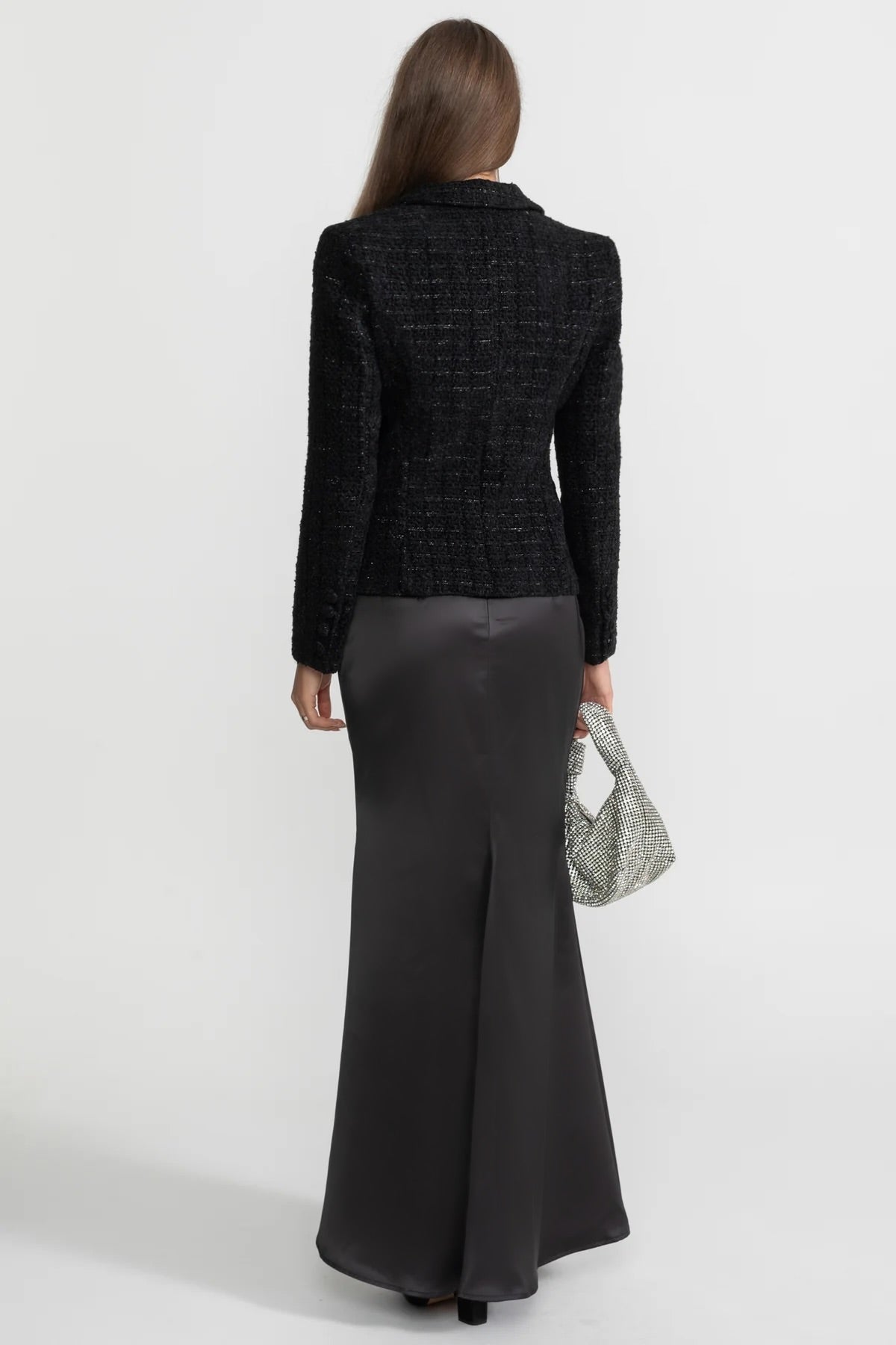 Tweed Blazer and Satin Maxi Skirt Co-ord Set – Black – view 2