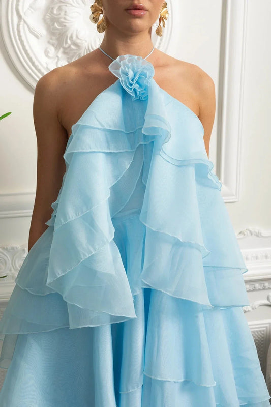 Halter Rosette Neck Tiered Ruffle High-Low Maxi Dress – Sky Blue – view 2