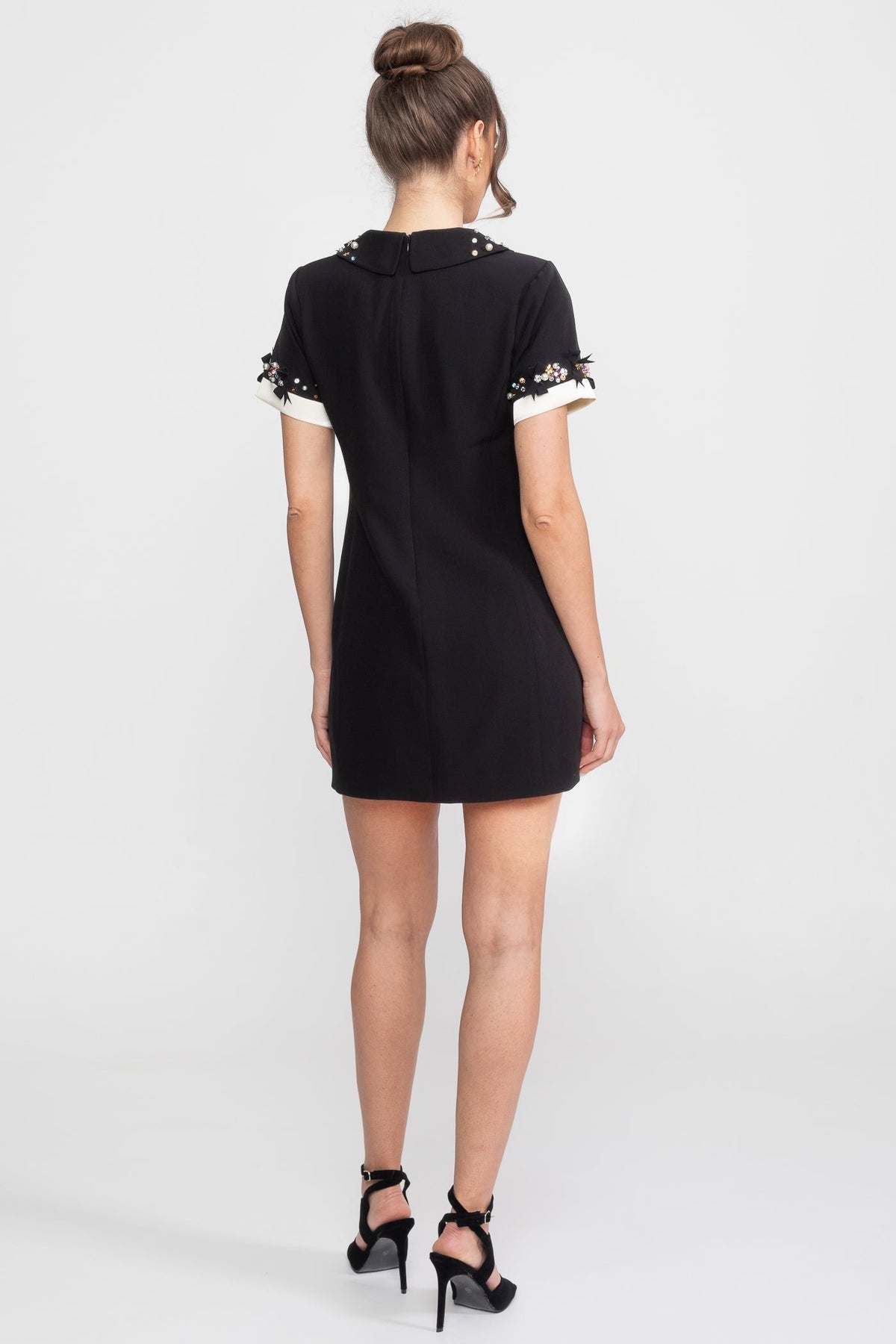 Crystal Embellished Peter Pan Collar A-Line Mini Dress with Jewel Cuffs – Black – view 3