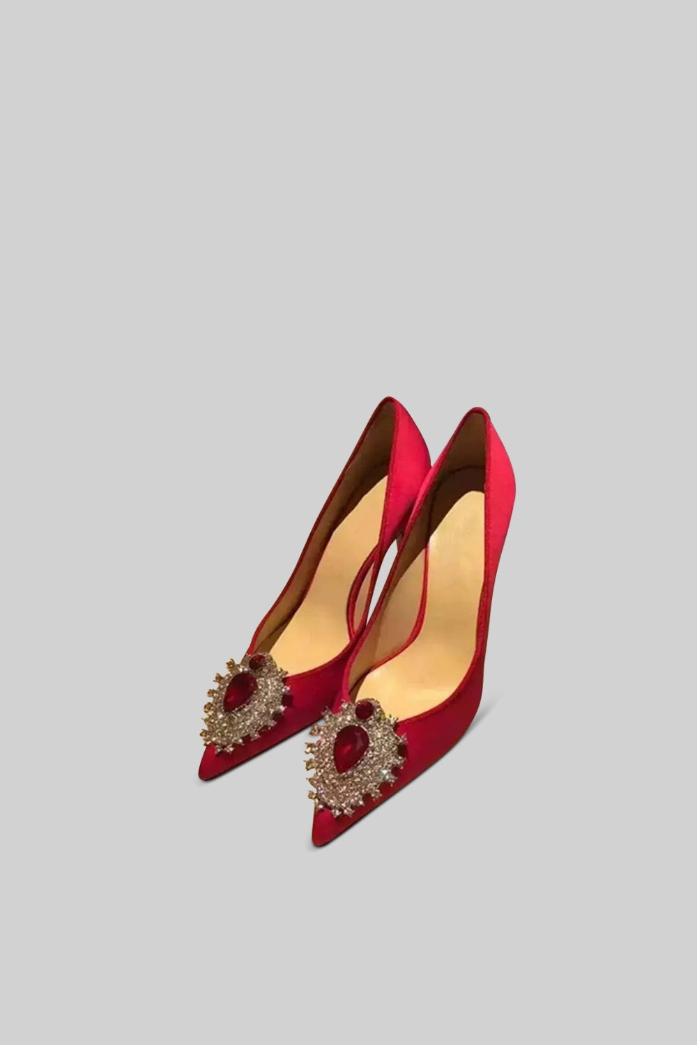Satin Stiletto Heels with Silver Diamond and Red Stone Detail – Red – view 5