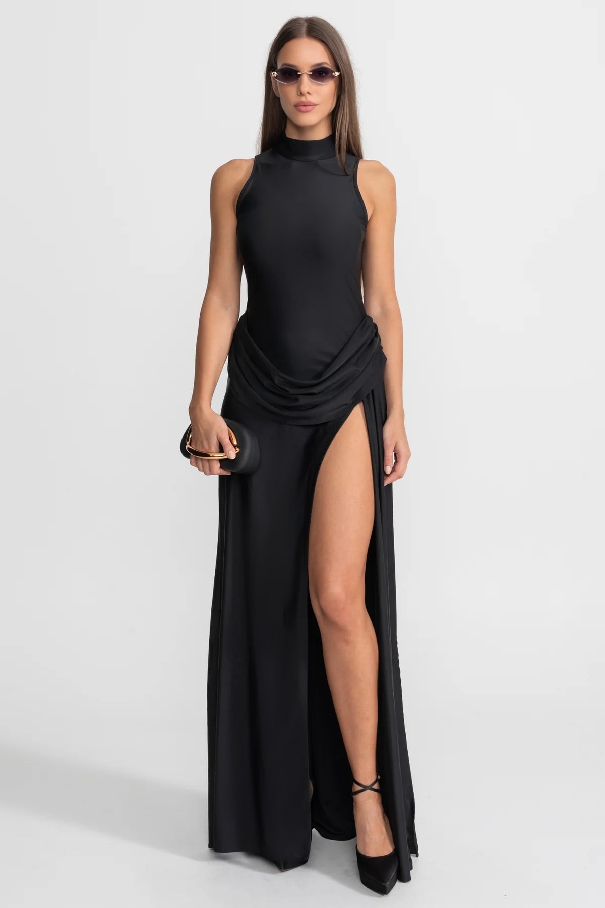 High Neck Sleeveless Maxi Dress with Draped Waist and Side Slit – Black – view 1