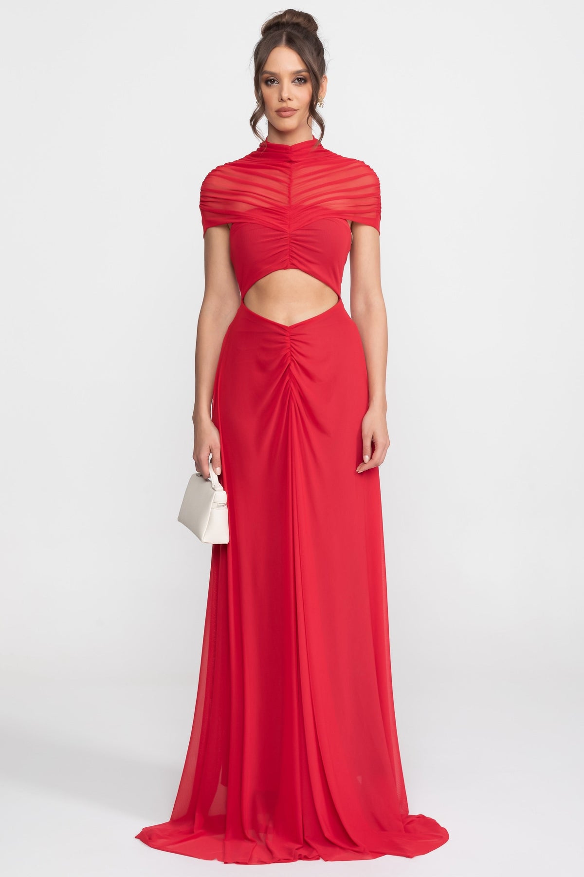 Ruched Off-the-Shoulder Cape Maxi Dress with Cut-Out Waist – Crimson – view 1