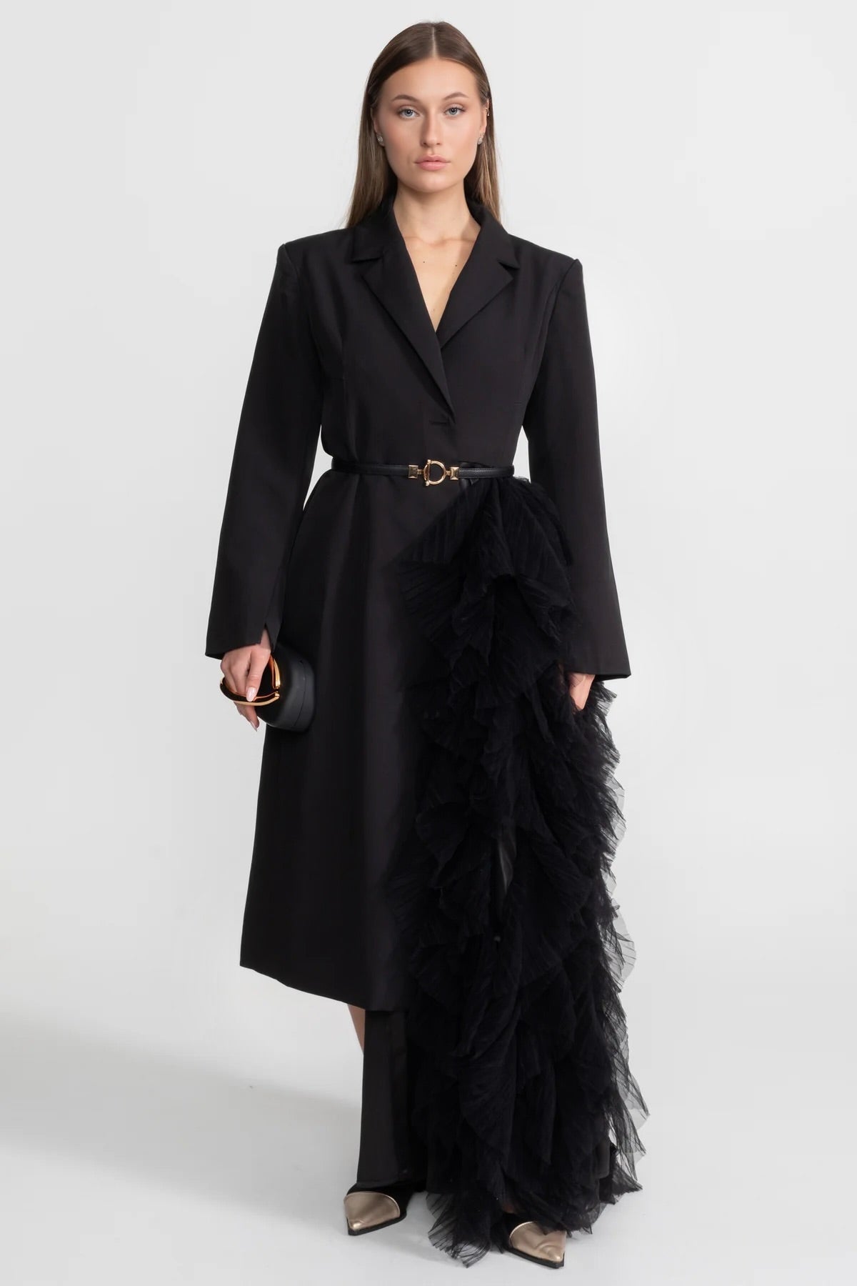 Tulle Cascade Blazer Dress with Notched Lapels and Belt – Black