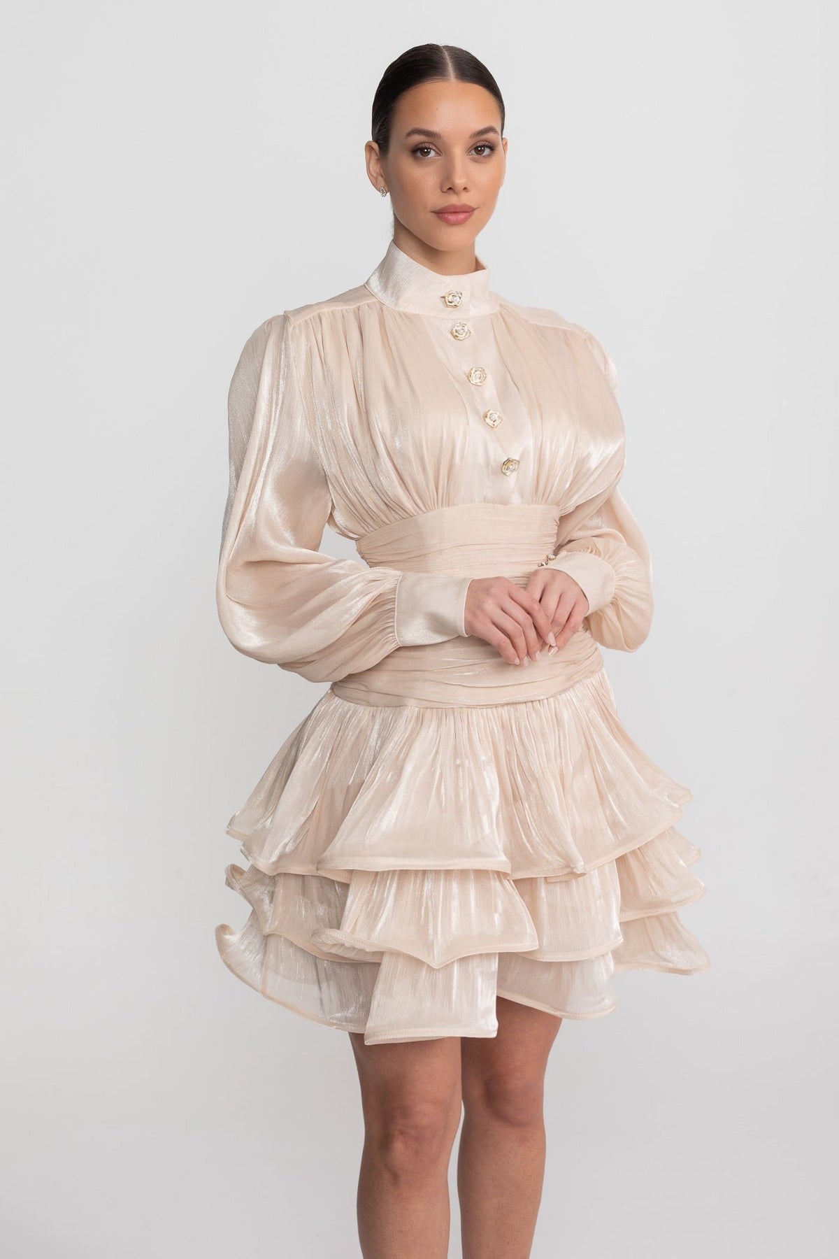 Stand Collar Balloon Sleeve Mini Dress with Tiered Ruffle Skirt – Champagne – view 1