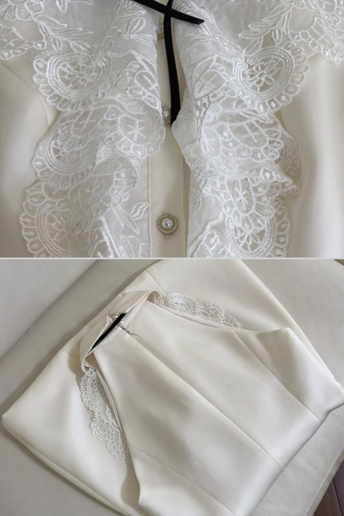 Sleeveless Collared A-Line Mini Dress with Lace Bib – Ivory – view 3