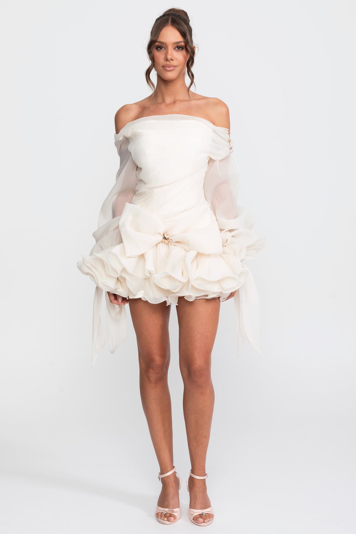 Off-Shoulder Chiffon Ruffle Mini Dress with Bow and Gold Buckle – Ivory