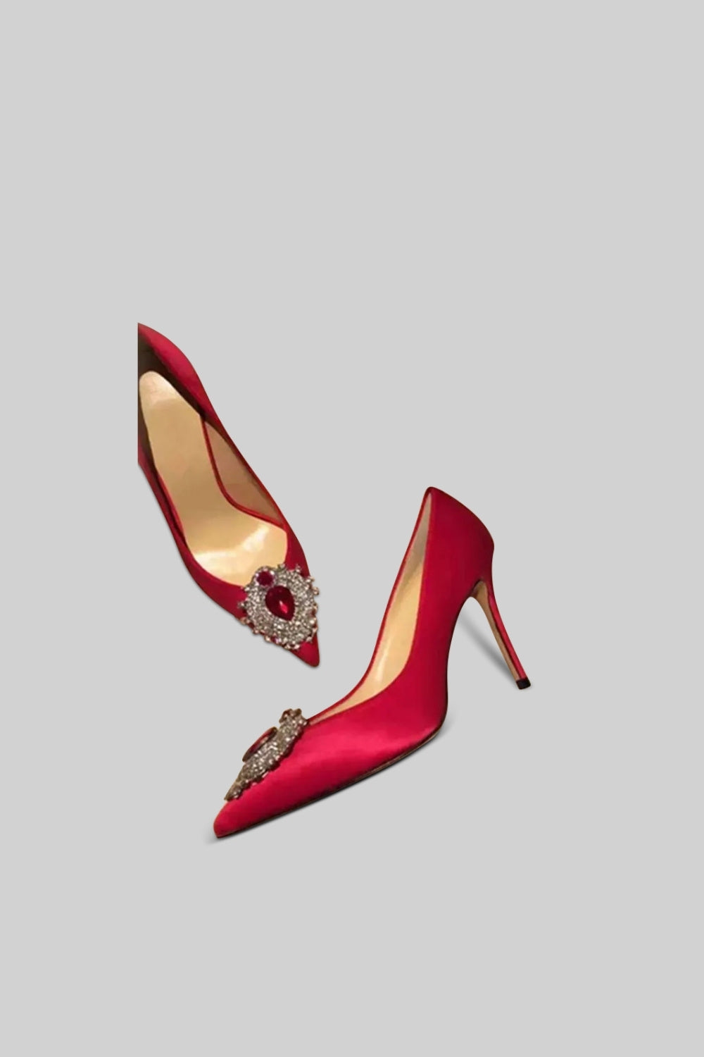 Satin Stiletto Heels with Silver Diamond and Red Stone Detail – Red – view 8