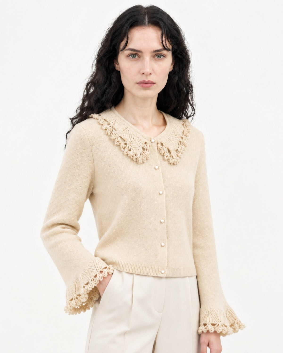 Cashmere Crochet Peter Pan Collar Thick Knit Cardigan – view 10