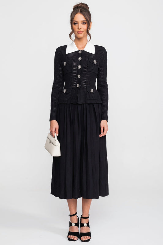 Open-Knit Polo Collar Button-Through Dress with Pleated Midi Skirt – Black