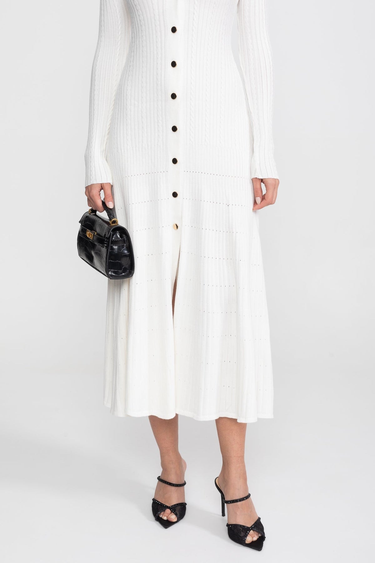Ribbed Knit Polo Collar Long Sleeve Midi Dress with Monogram Pocket – White – view 8