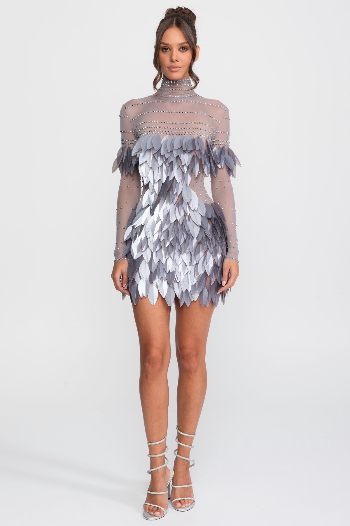 Sheer Mesh Feather-Panel Mini Dress with Crystal Mock Neck – Grey – view 3
