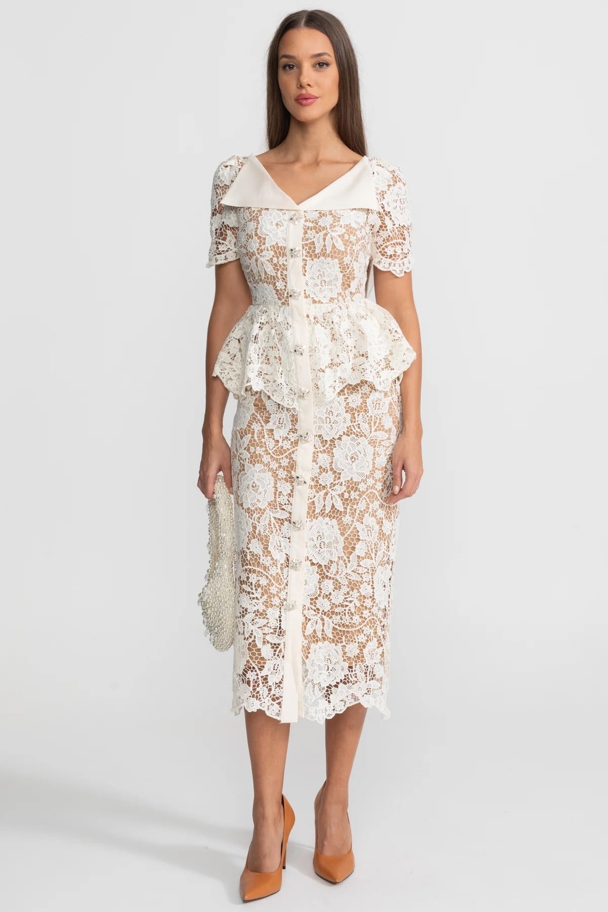 Lace Puff Sleeve Midi Dress with Peplum Waist and Satin Collar – Ivory – view 1