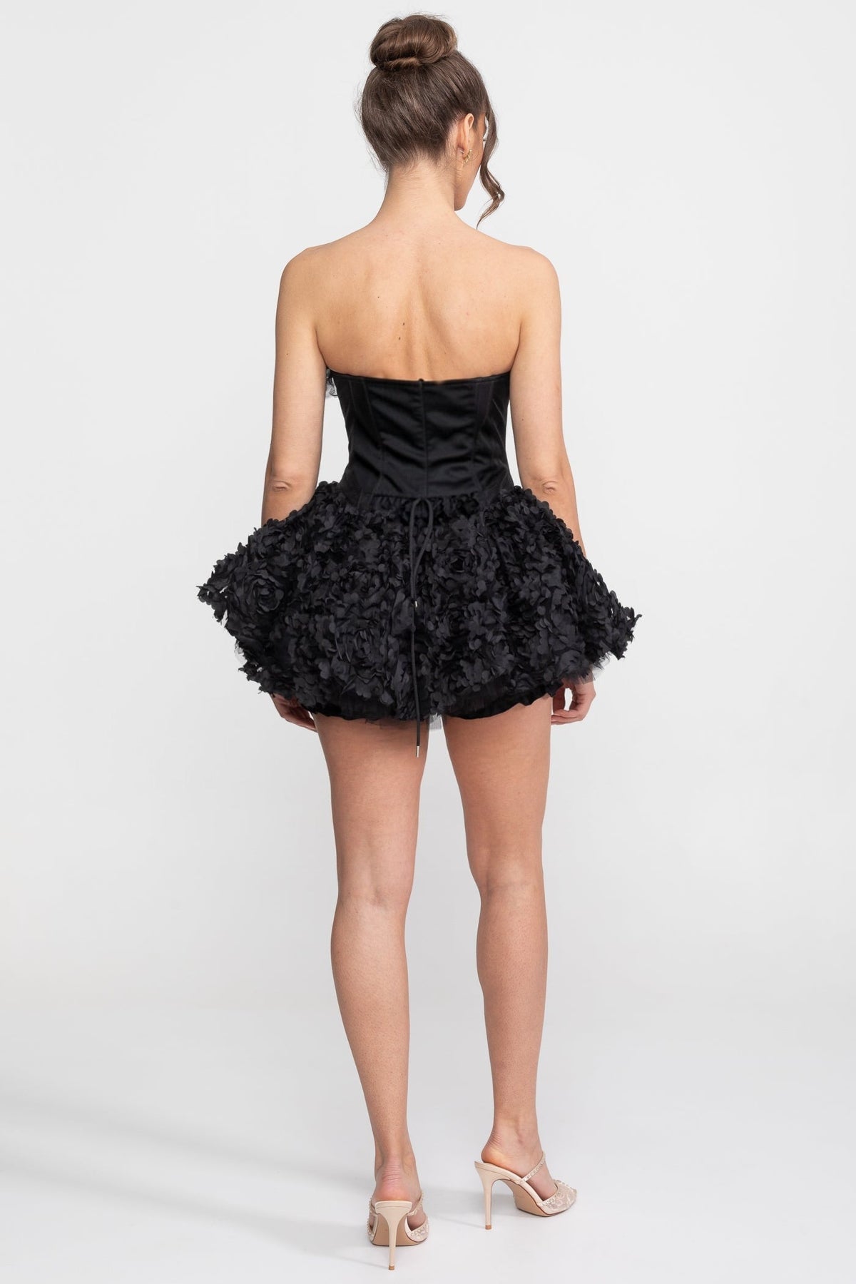 Strapless Boned Corset Mini Dress with 3D Rose Appliqué Skirt – Black