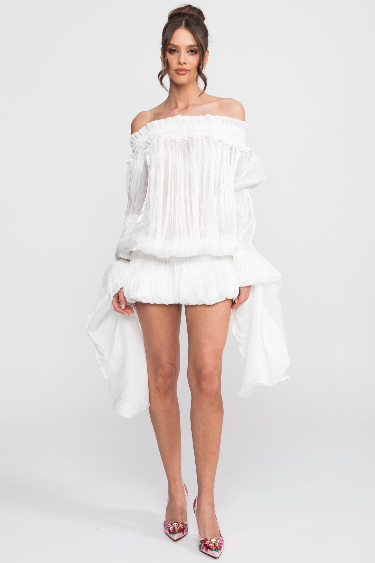 Off-Shoulder Corset Bodice Ruffle Mini Dress with Draped Sleeves – White