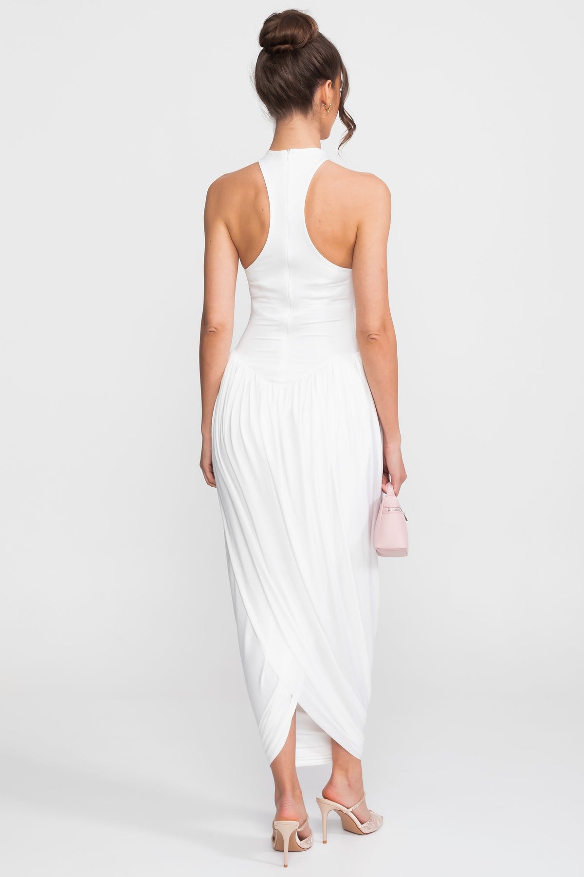 High Halter Neck Fitted Maxi Dress with Gathered Balloon Skirt – White – view 6