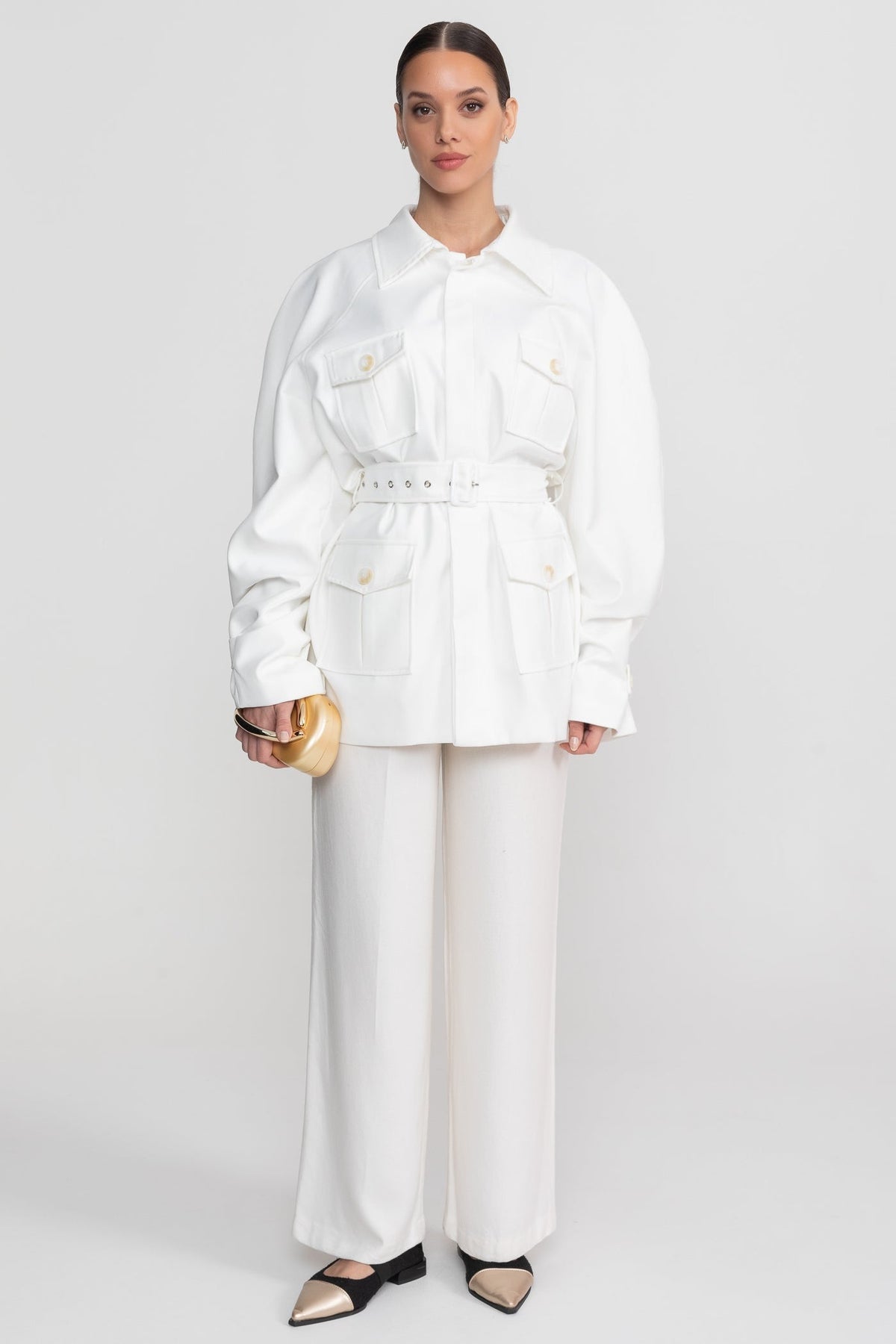 Belted Oversized Utility Jacket with Flap Patch Pockets – White