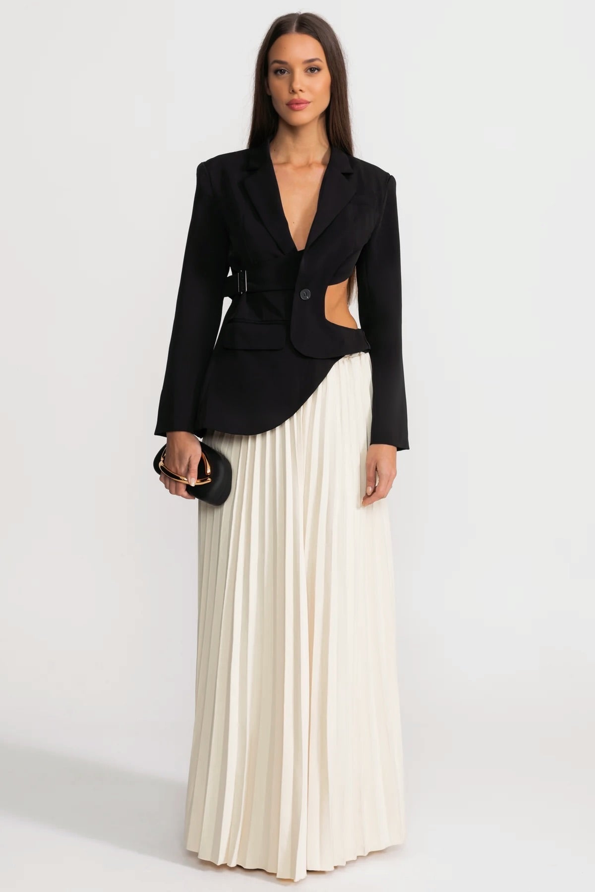Asymmetric Cut-Out Blazer with Notched Lapels and Belt – Black
