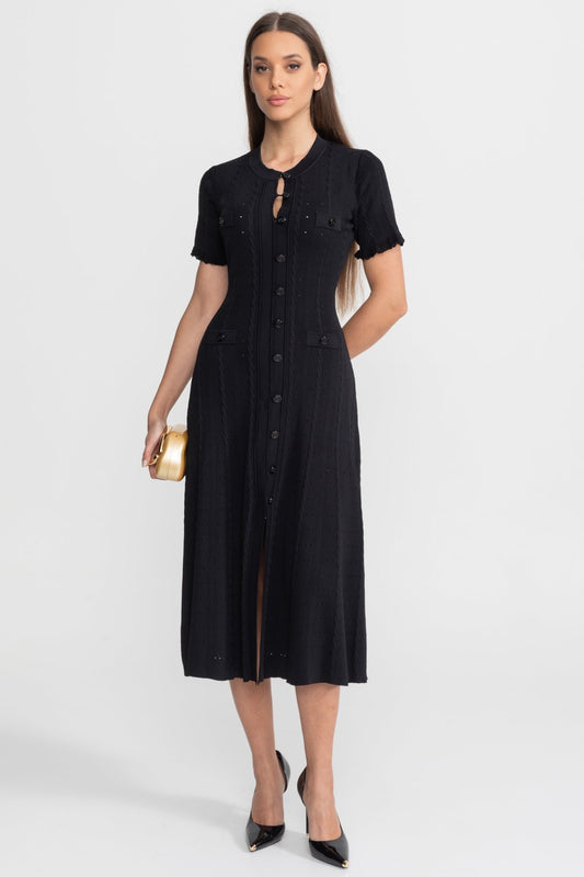 Knit Button-Front Midi Dress with Short Scalloped Sleeves – Black