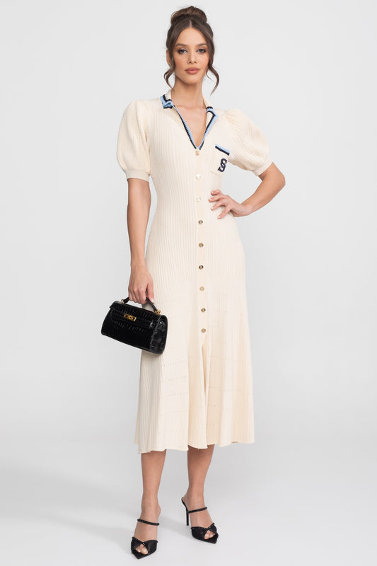 Ribbed Knit Polo Collar Puff Sleeve Midi Dress with Monogram Pocket – Cream – view 2