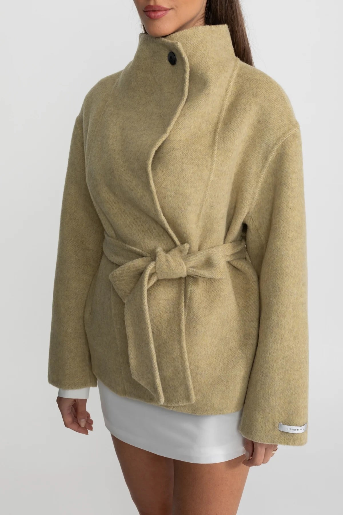 Belted Wool Blend Mini Coat with High Neck and Wide Sleeves – Beige
