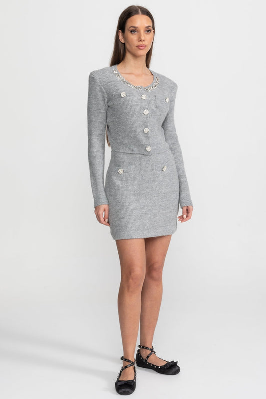 Embellished Knit Cardigan and Mini Skirt Co-ord Set with Crystal Buttons – Grey – view 2