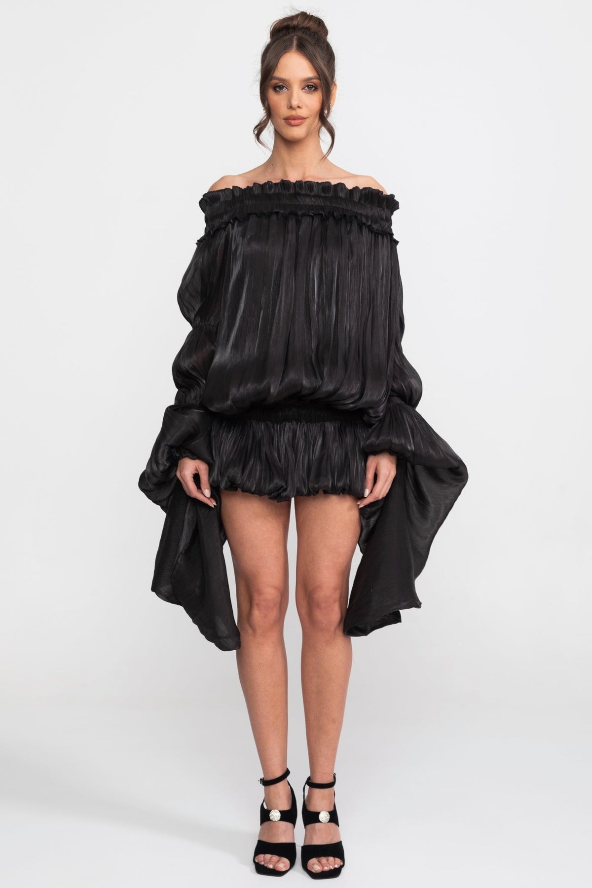 Off-Shoulder Corset Bodice Ruffle Mini Dress with Draped Sleeves – Black – view 1