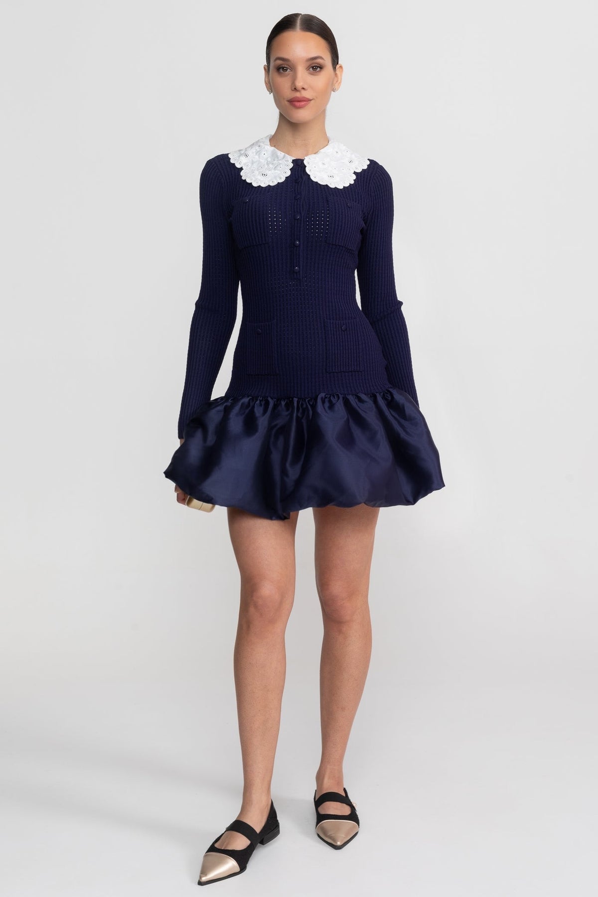 Knit Long Sleeve Mini Dress with Broderie Peter Pan Collar – Navy – view 1
