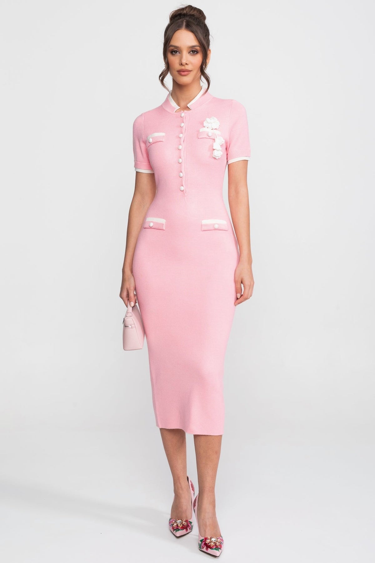 Fine Rib Knit Button-Through Midi Dress with Contrast Trim and Pockets – Pink