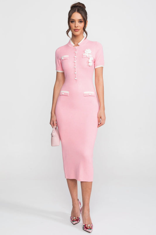 Fine Rib Knit Button-Through Midi Dress with Contrast Trim and Pockets – Pink