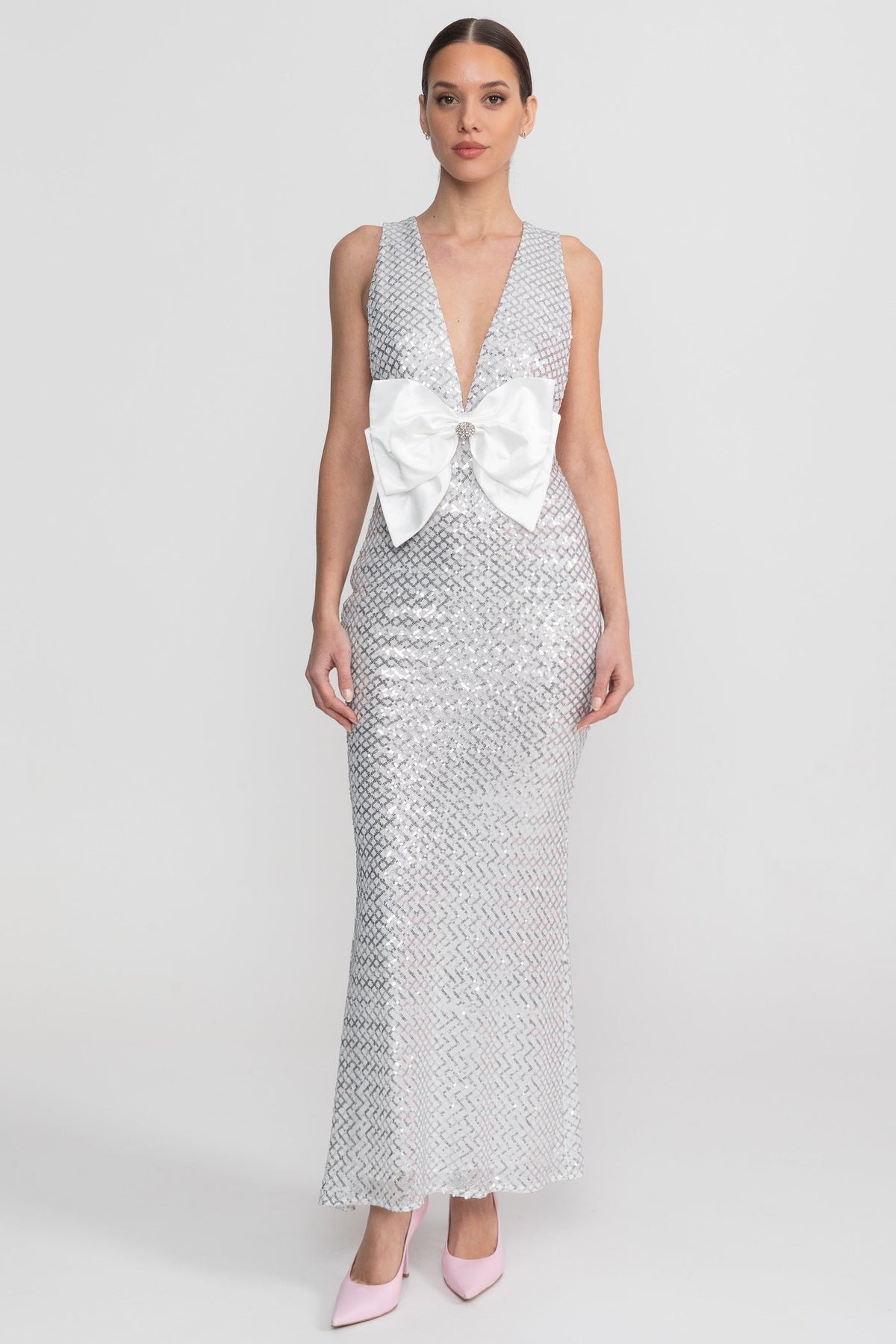 Sequin Plunge V-Neck Maxi Dress with Satin Bow Waist – Light Grey