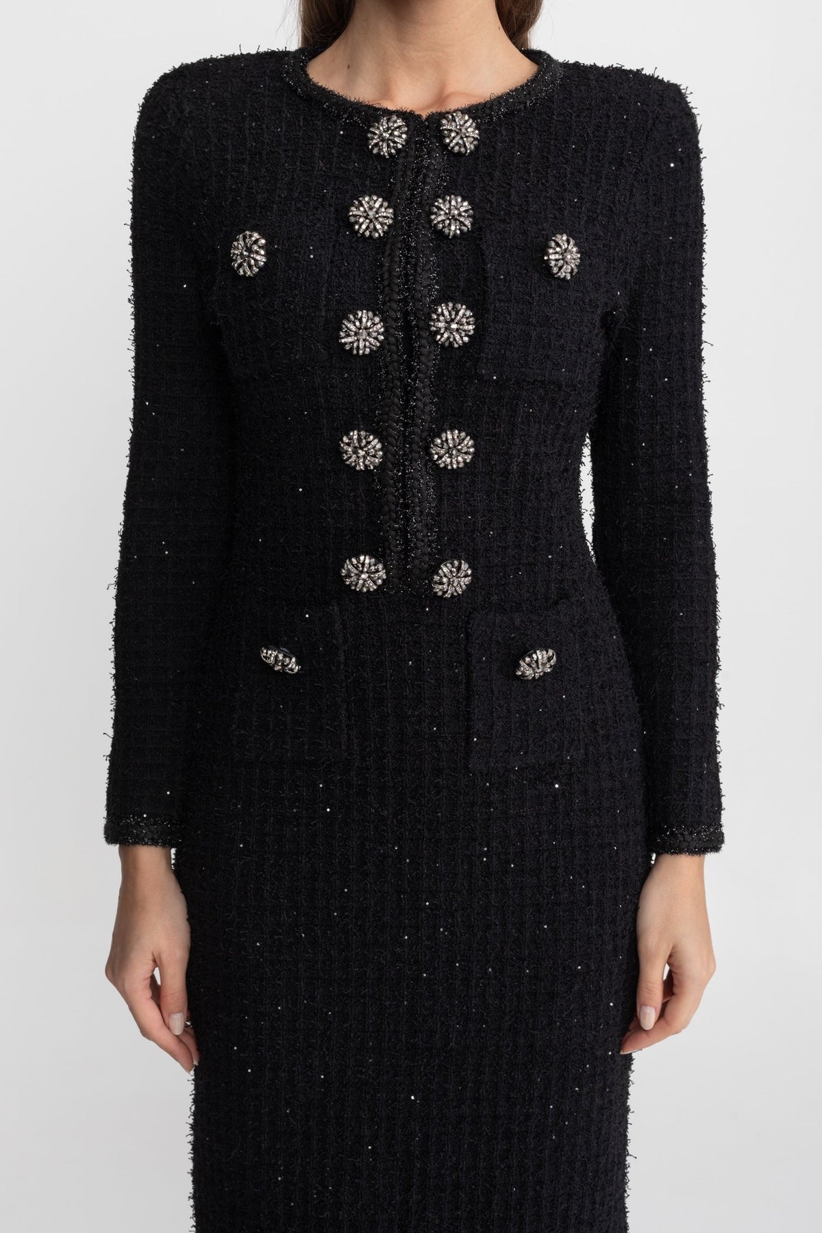 Long Sleeve Tweed Midi Dress with Crystal Buttons – Black – view 4