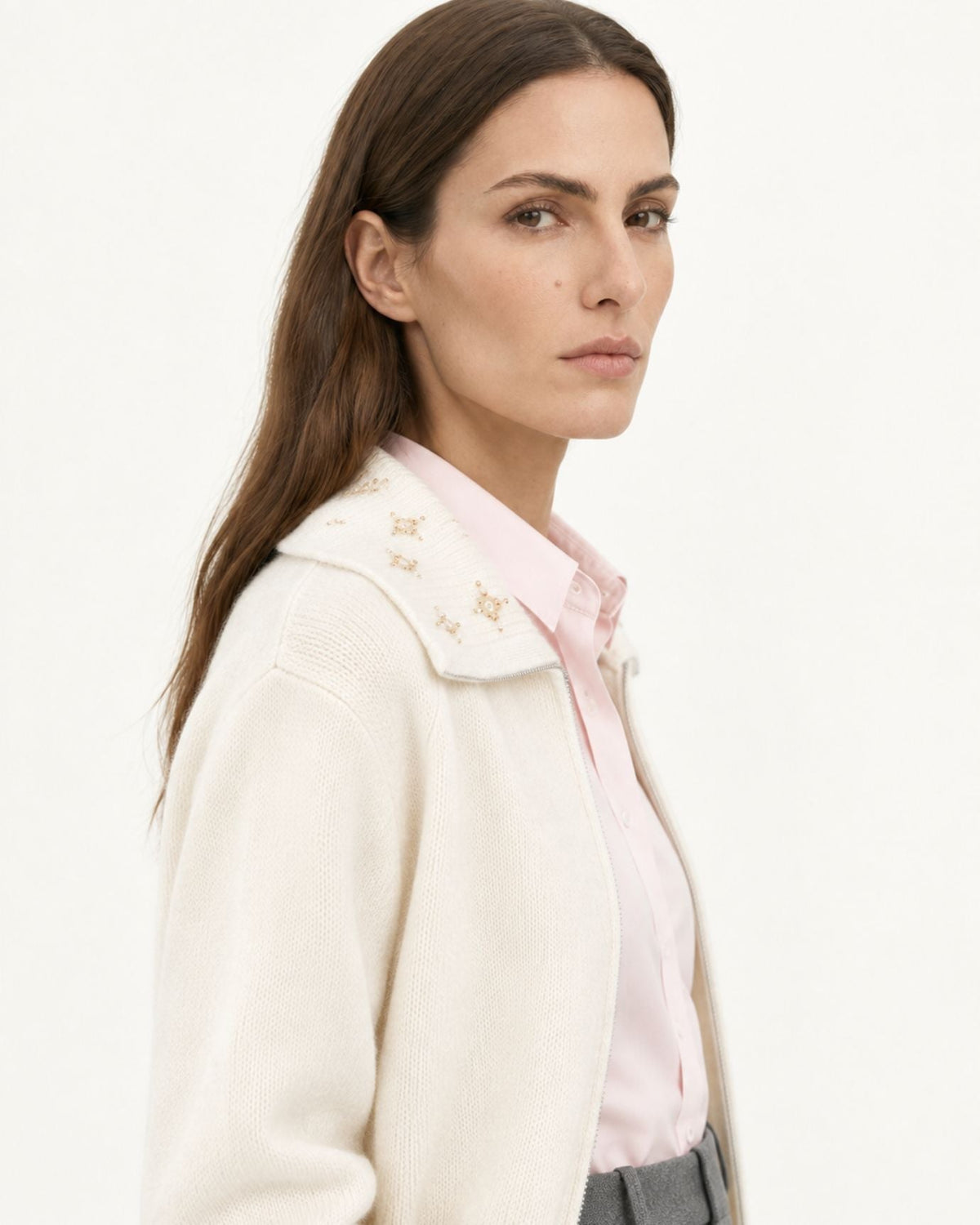 Lina Beaded and Embroidered Cashmere Zip Cardigan with Lapel Collar – view 7