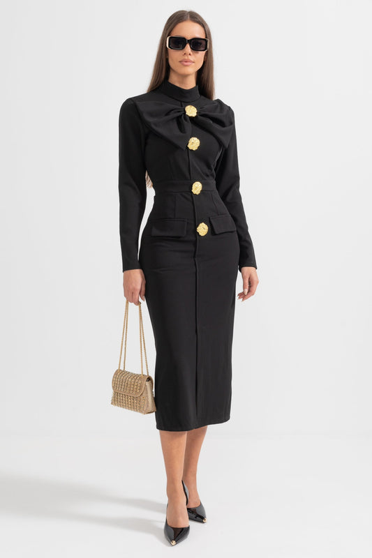 Bow Collar Long Sleeve Fitted Dress with Gold Floral Buttons – Black